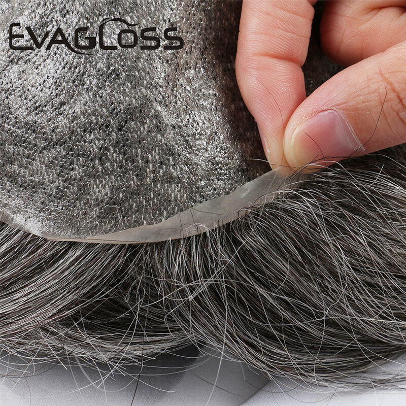 V Loop Grey Toupee para homens, PU Remy cabelo humano prótese peruca, PU Hairpiece completo, substituição do cabelo, 0.08-0.1mm