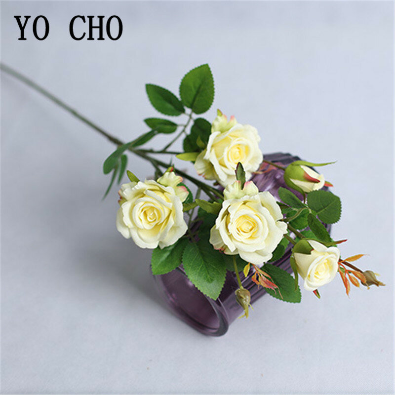 YO CHO 4 Branches Long Stem Artificial Flowers Silk Roses Branch White Pink Wedding Home Table Decor Fake Small Rose Flowers
