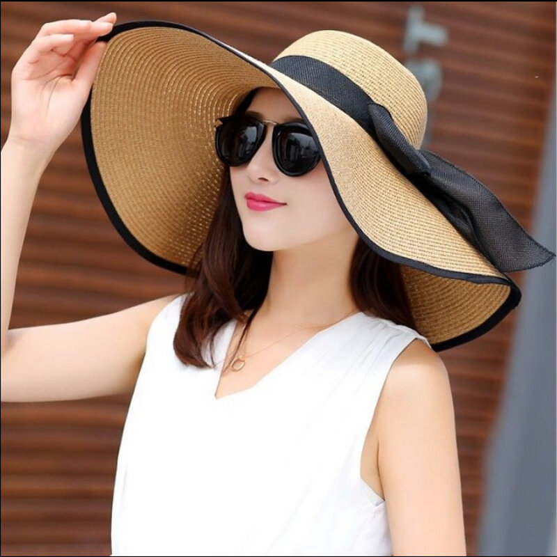 夏ツバ広のストロー帽子ビッグ太陽の帽子uv保護パナマフロッピービーチ帽子レディース弓帽子ファム