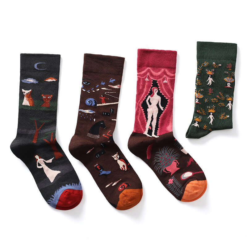 Novelty Creative Jacquard Cozy Combed Cotton Socks Women Men Funny Happy Streetwear Sports Casual Colorful Abstract Art Socks