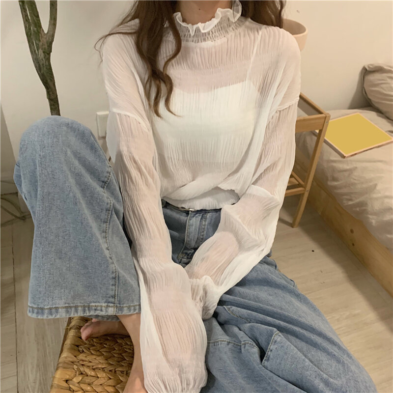 Blusas femininas de chiffon sólido manga longa casual vintage camisas de manga borboleta blusas com babado coreano blusas mujer