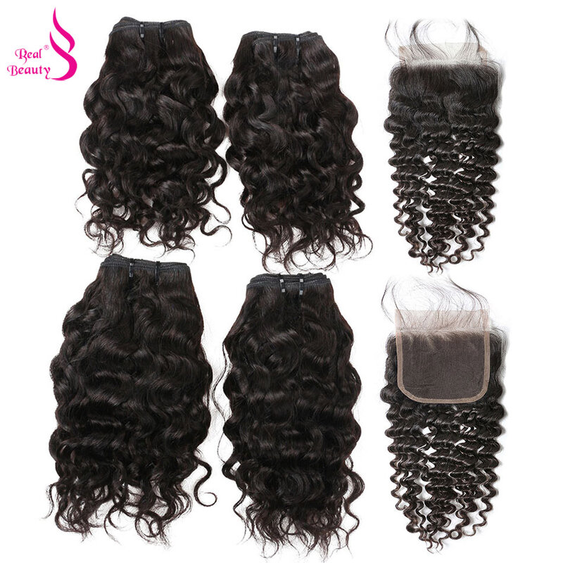 Real Beauty 50G Water Wave 3 /4 Bundles with Closure Malaysian Remy Human Hair Bundles Deals Ocean Weave Human Hair Extensions