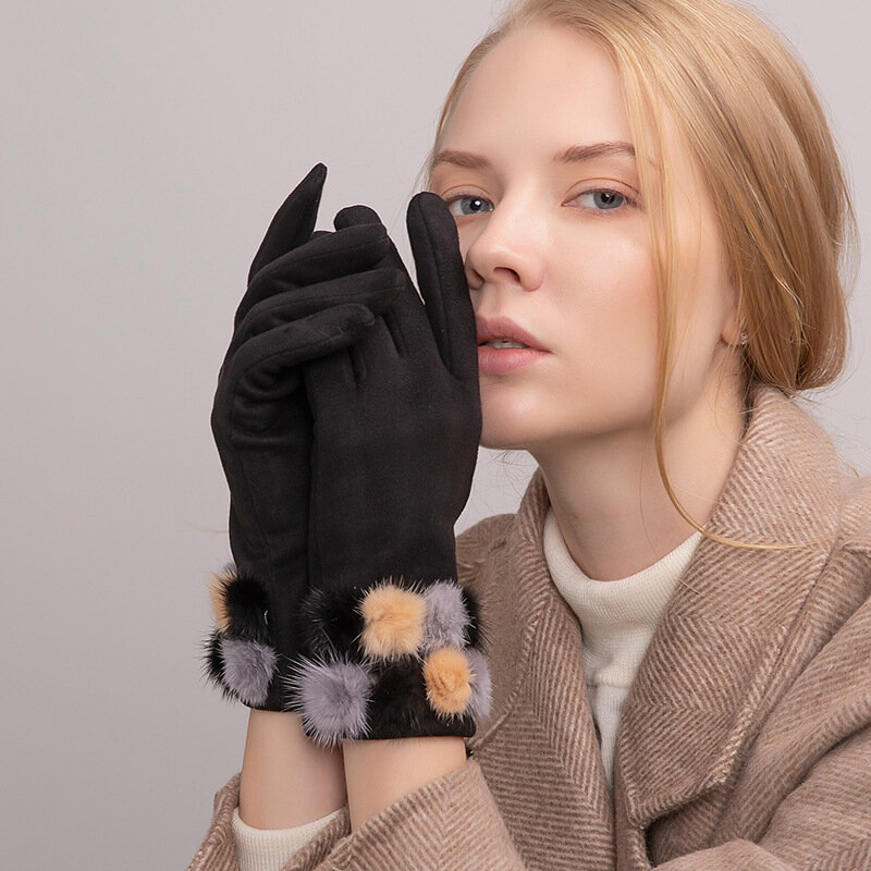 Зимние женские замшевые тканевые перчатки с сенсорным экраном и бархатной подкладкой, утолщенные меховые элегантные женские теплые тонкие мягкие перчатки