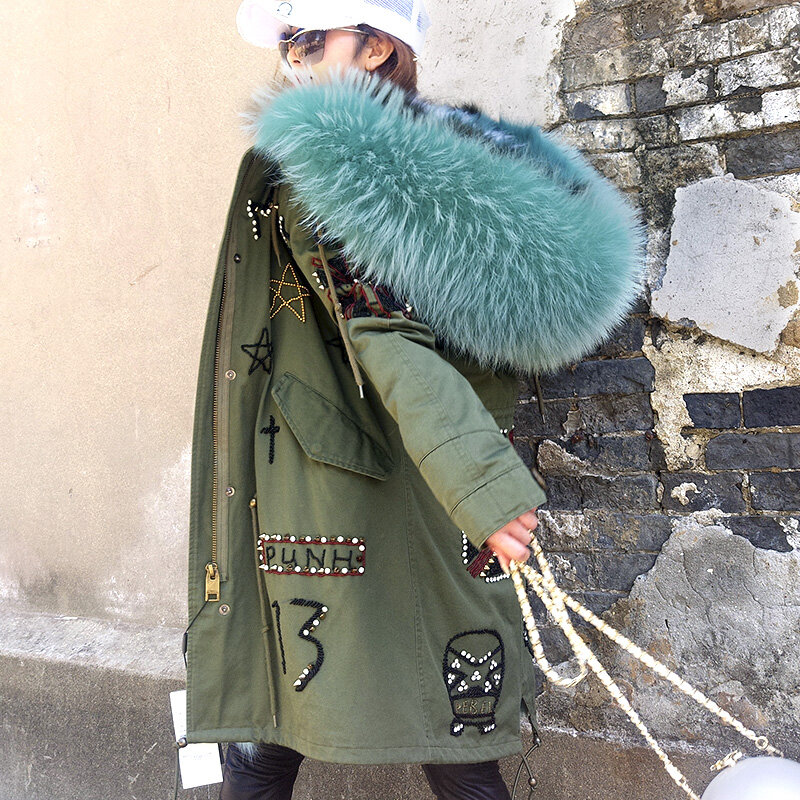 Женское пальто средней длины, зимнее пальто с вышивкой и воротником из меха енота на подкладке из лисьего меха, 2022