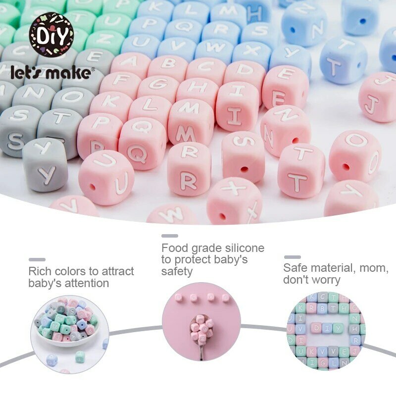 Let's Make-Cuentas de letras de silicona de grado alimenticio, collar de cuentas de silicona para mascar, juguetes de dentición para bebés, DIY, 20 Uds., 12mm