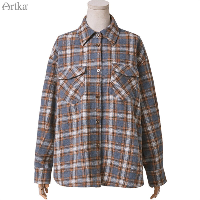 ARTKA 여성용 빈티지 격자 무늬 블라우스, 두꺼운 따뜻한 울 셔츠, 루즈 코듀로이 셔츠, SA20100Q, 2020 가을 신상