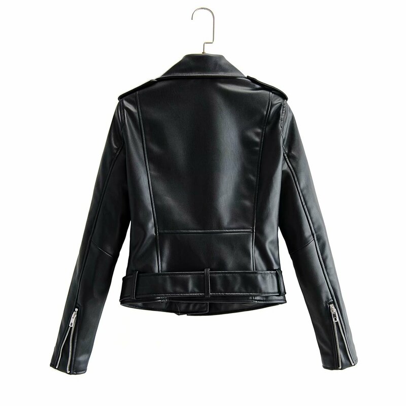 Куртка женская из искусственной кожи с поясом, повседневный свободный Байкерский жакет, верхняя одежда в стиле бойфренд, черная кожаная куртка, пальто, черный цвет