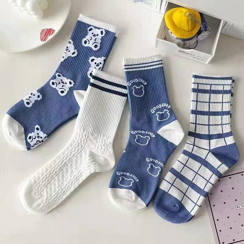 1 Pair Of women  Autumn And Winter Warm Cotton Socks Student Middle Tube Printing Kawaii Sports Stockings Women Blue Socks