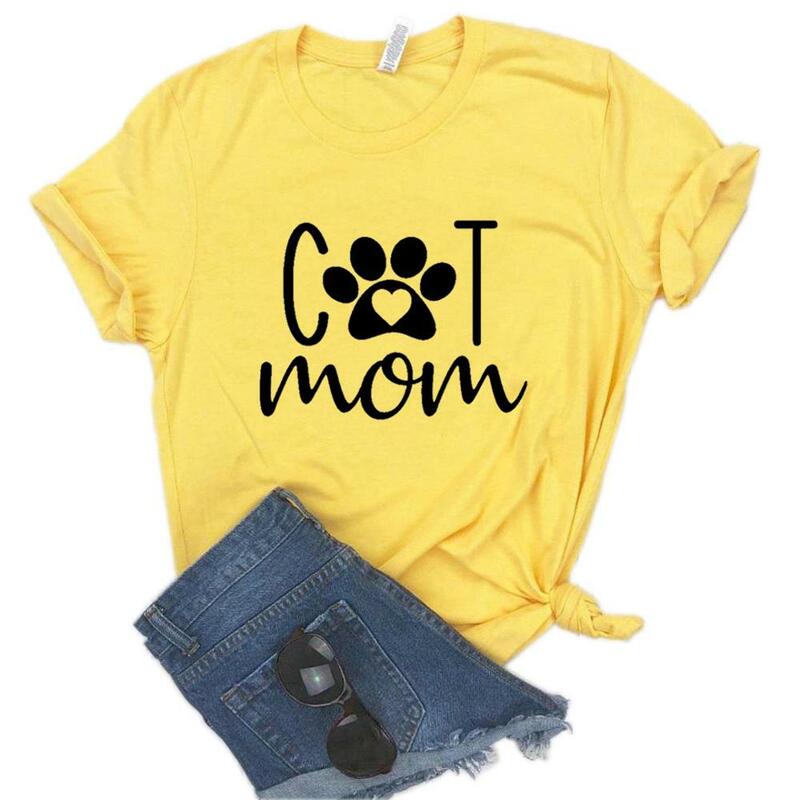 T-shirt humoristique et décontracté pour femme, en coton, 6 couleurs, avec chat, maman et patte imprimées, NA-993