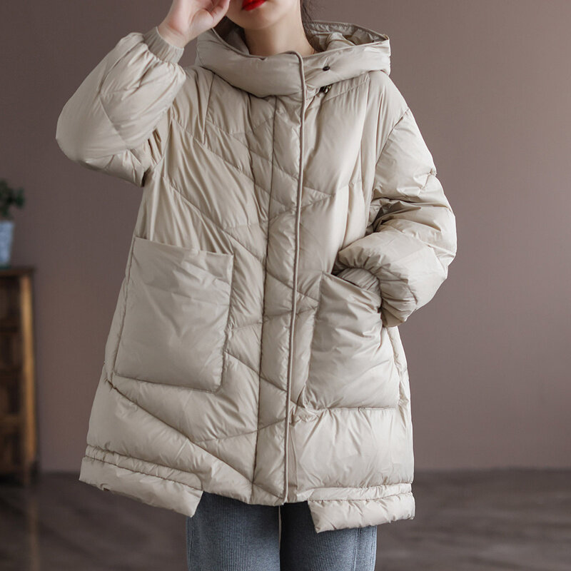 Mass Wasss 2021 후드 캐주얼 따뜻한 코트, 지퍼 화이트 덕 다운 재킷, 겨울 패딩 코트, 여성 단색 하라주쿠 의류