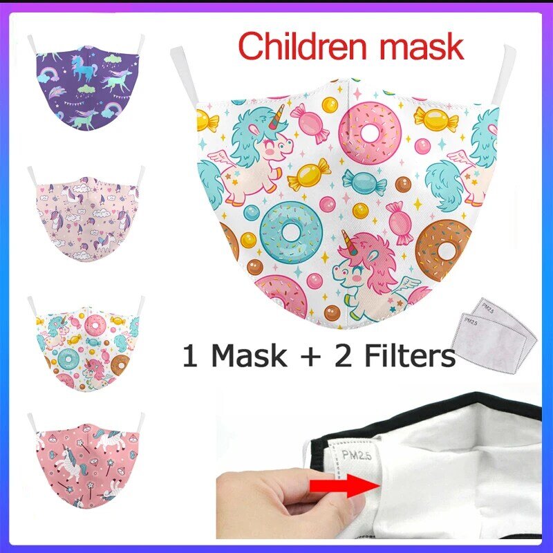 Kid's Mask Reusable Masks Cute Pony Print Cartoon Unicorn Animal Face Pink Masks Fabric Washable Masks Mouth Face Cover Children