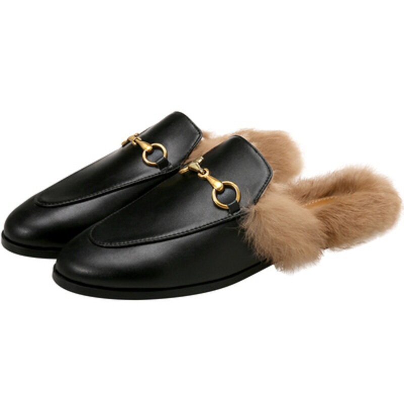 Zapatillas peludas de Otoño e Invierno para mujer, zapatos planos de piel de conejo Baotou, 2020