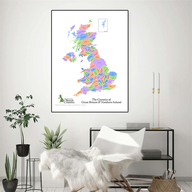 Póster decorativo para decoración del hogar, pintura en lienzo de mapa de la gran Inglaterra y del norte de Italia, material escolar para regalo de viaje, 42x59cm