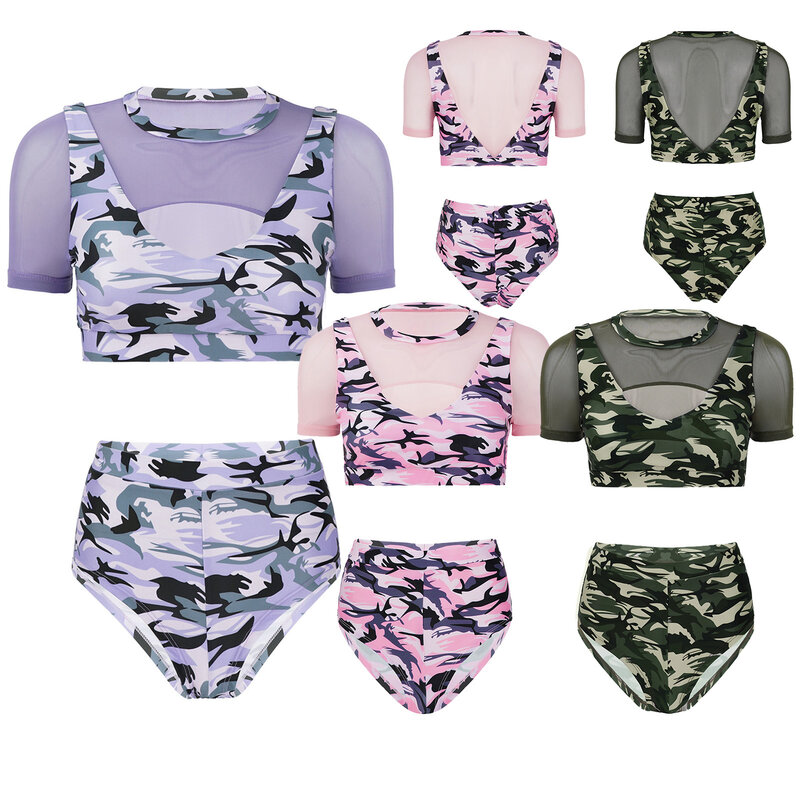 Women 2Pcs Dancewear Camouflage Pattern Mesh Patchwork Outfits Short Sleeve Crop Top with Shorts for Workout Exercise Dancing