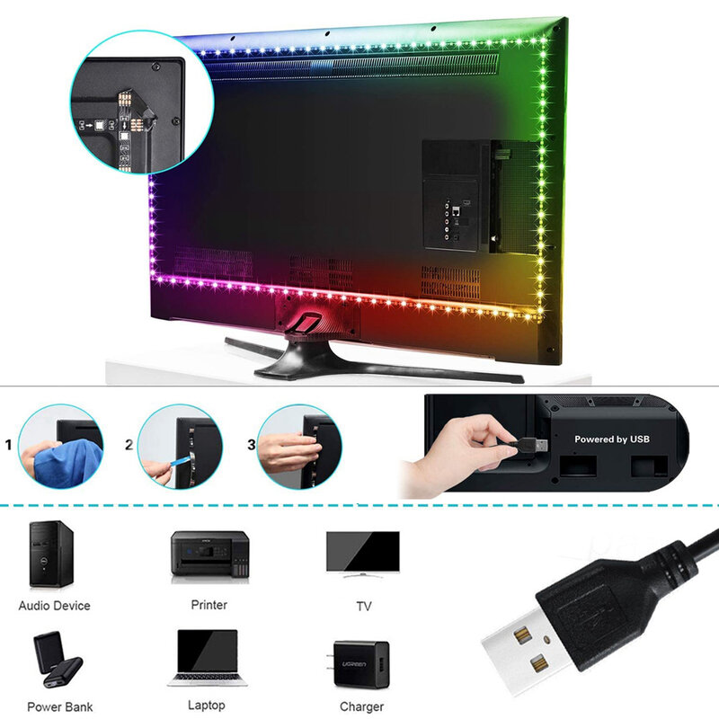 Tira de luces LED 2835 5050 USB Bluetooth, cinta de lámpara Flexible con Sensor de sonido de 3 teclas, cinta RGB de 1M, 2M, 3M, 4M, decoración de fondo de TV DC5V