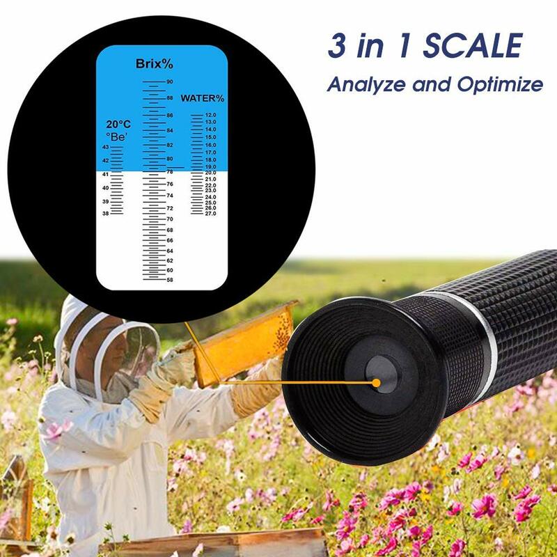 Réfractomètre à miel pour humidité du miel, Brix et Baume, utilisations 3 en 1, gamme d'échelle Brix 58-90%, testeur d'humidité du miel avec ATC