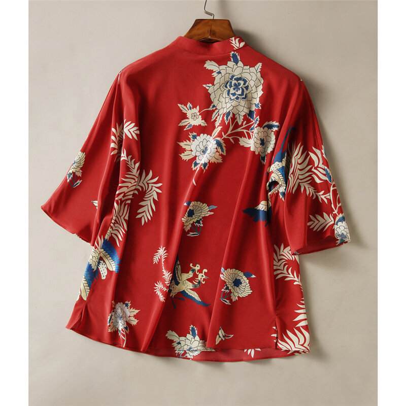 2020 kobiet chiński tradycyjny styl koszule szyfonowe bluzki luźne rocznika Cheongsam topy dla kobiet czerwony żuraw bluzka w roślinny wzór