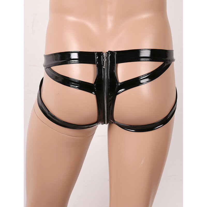 Mens Wet Look Leather Sexy Lingerie Sissy Panties Low Rise Jockstrap Bulge Pouch Open Butt Double-Ended Rits Slips ondergoed
