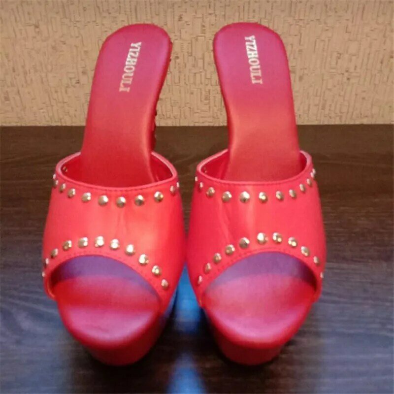 Zapatos de estrella sexys con cremallera de 15cm, de 6 pulgadas de tacón alto sandalias de verano, decoración de empeine con remaches, zapatos de baile de club