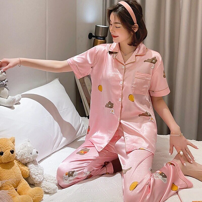 Pyjama en Satin de soie pour femmes, ensemble à manches courtes, pantalon Long, imprimé à boutons, vêtements de nuit, 2021