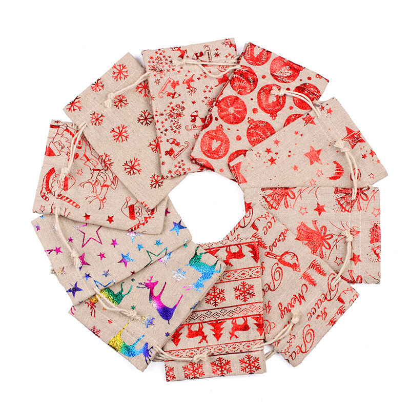 50 шт./лот, 10x14 см, разноцветные дизайнерские сумки для упаковки подарков и конфет на шнурке, маленькие льняные мешочки, сумки-держатели для рождественской вечеринки
