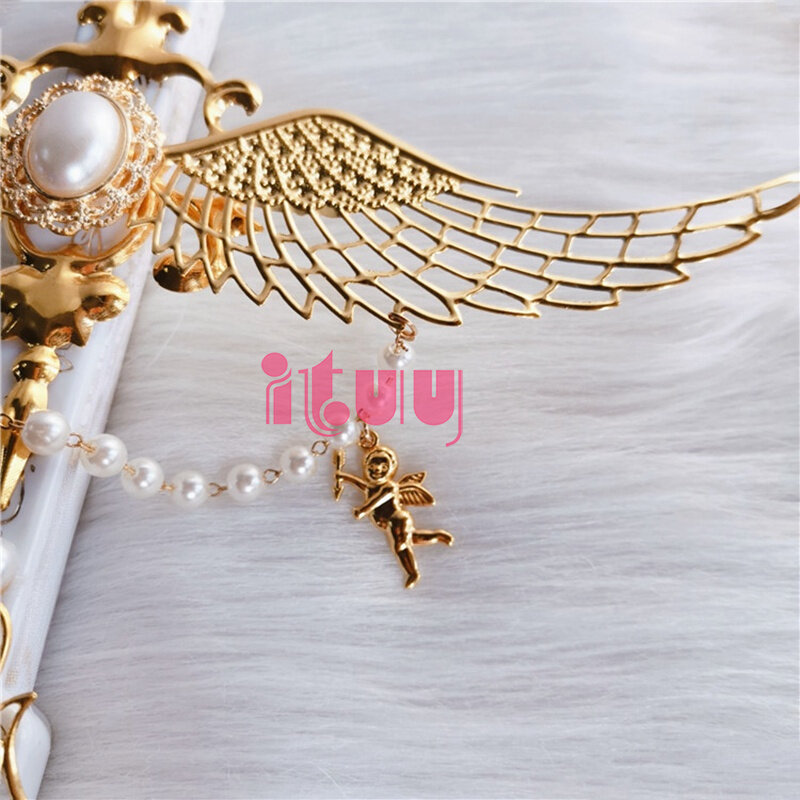 Lolita Vintage Harajuku Style Cosplay Hand-Held Fans Stage Show Photobooth Prop Gorgeous Gem Pearl Angel Wings Folding Fan