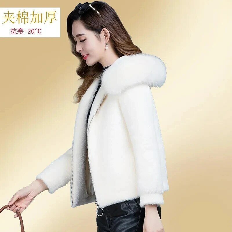 CVoat-suéter de lana de visón grueso para mujer, suéter con capucha corto con cuello de piel grande y cremallera