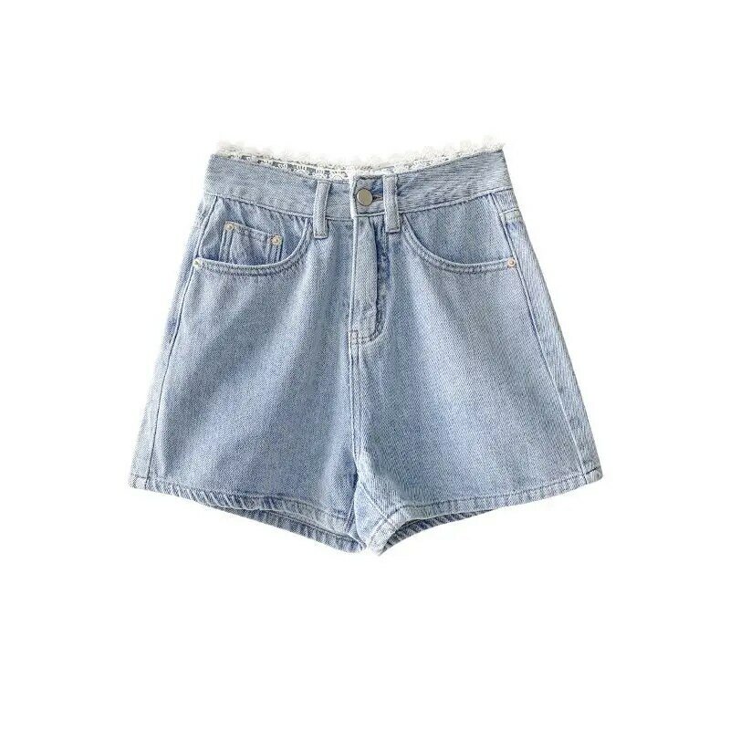 Shorts Women Denim Blue High Waist Summer Casual Bottoms Button Fly Loose Wide Leg Lace All-match Streetwear A-line Korean Chic