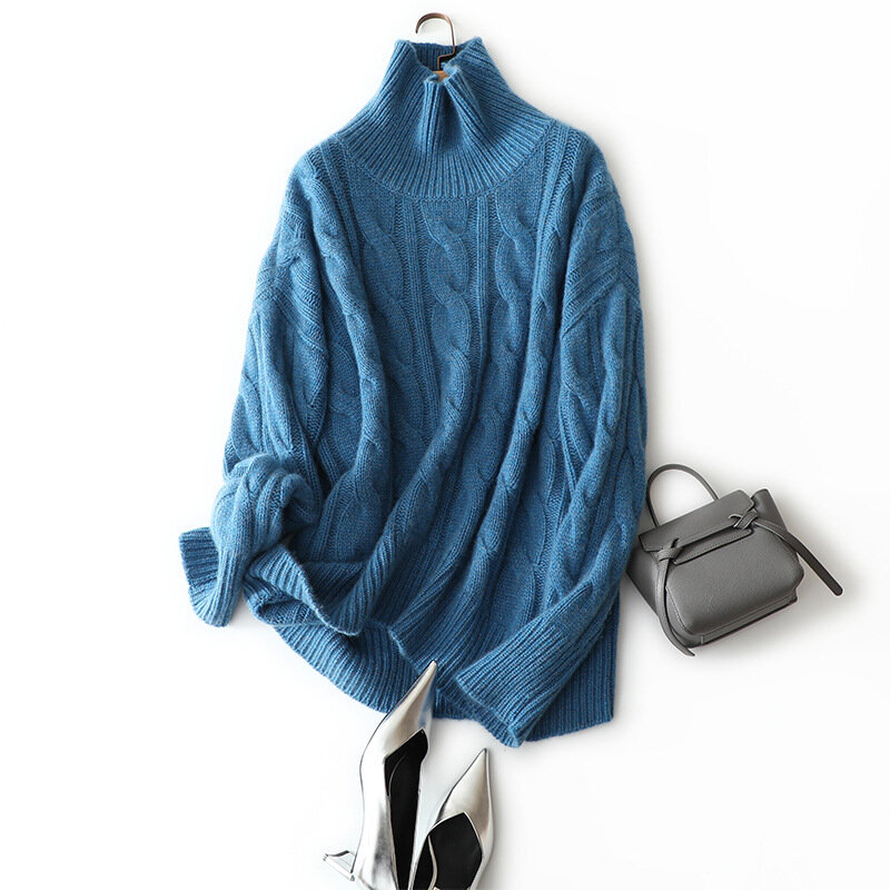 Masigoch-suéter de cachemira de cuello alto para invierno, suéter grueso de punto de cable, 100%