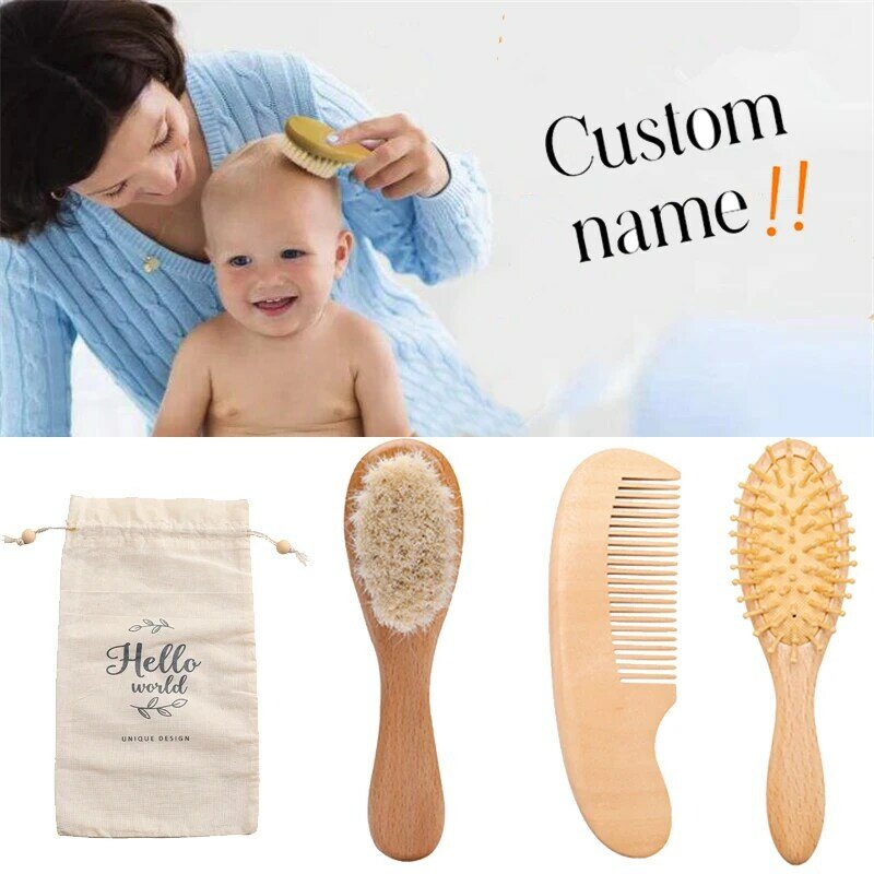 Пользовательская детская расческа для волос с деревянной ручкой, натуральная Мягкая шерстяная щетка для младенцев, мальчиков и девочек, Мягкая шерстяная щетка для волос, массажная расческа для новорожденных