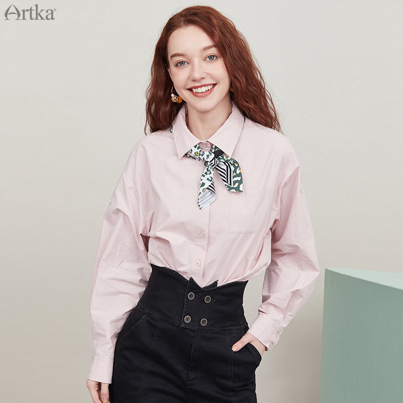 ARTKA-Blusa de algodón puro para mujer, camisa holgada informal de manga larga, 4 colores, regalo gratis, 2020