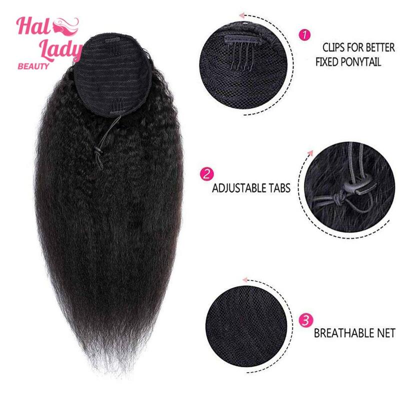 Halo Lady sznurkiem Afro perwersyjne prosto kucyk ludzki włos nie Remy brazylijski Yaki przedłużanie włosów koński ogon afroamerykanin