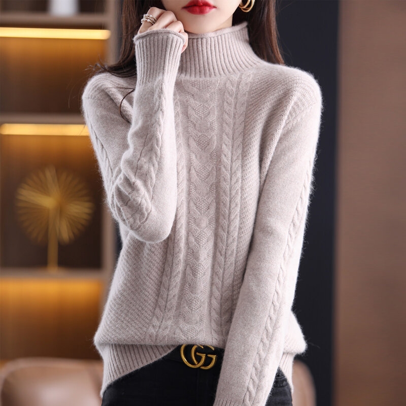 Sweter Musim Gugur/Dingin Gaya Baru Setengah Leher Tinggi Wanita 100% Pulover Wol Murni Tebal Longgar Fashion Korea Kaus Rajut Bawah