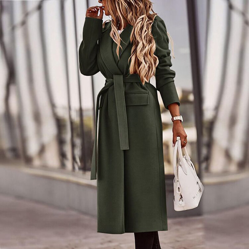 الخريف الشتاء الموضة الصلبة الصوف معاطف طويلة Vintage بدوره طوق طويلة الأكمام جيب سترة عادية مكتب سيدة ضمادة معاطف