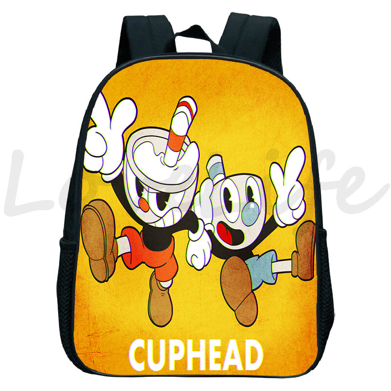 12 polegada engraçado cuphead mugman mochila para meninos meninas dos desenhos animados sacos de escola crianças saco do jardim de infância daypack crianças livro mochila