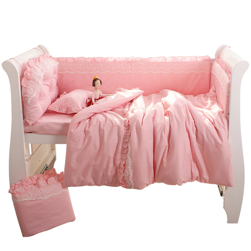 Tour de lit pour bébé, ensemble de 5 pièces, motif princesse rose, dentelle de coton, couleur unie, blanc, gris, literie universelle, décor de chambre d'enfant