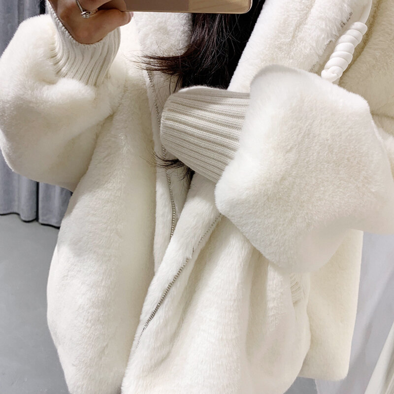 Nerazzurri Winter white oversized faux fur jacket women with hood raglan sleeve zipper Korean fashion clothing for womens 2021