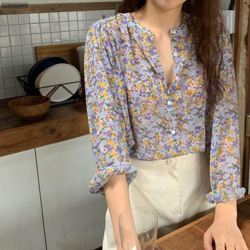 Женская винтажная шифоновая рубашка с длинным рукавом и цветочным принтом, свободная Милая шифоновая блузка с V-образным вырезом в Корейском стиле, осень 2020