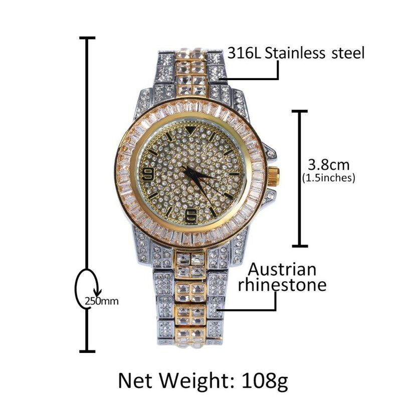 Uwin Full Iced Out นาฬิกาผู้ชายสแตนเลสแฟชั่น Rhinestones หรูหราควอตซ์สแควร์นาฬิกาข้อมือธุรกิจนาฬิกา