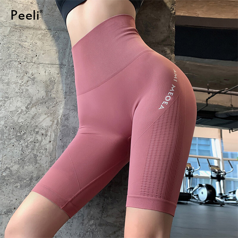 Celana Pendek Yoga Mulus Pinggang Tinggi 2021 Pakaian Fitness Wanita Celana Pendek Gym Push Up Hip Legging Pendek Latihan Print Huruf Olahraga