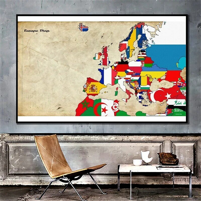 1 Buah Peta Dunia 90*60Cm Peta Eropa Dunia Stiker Dinding Tanpa Tenun Kertas Horisontal untuk Ruang Tamu Perlengkapan Kantor Rumah