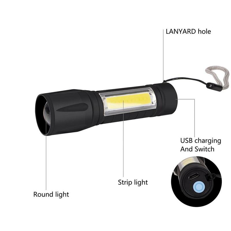 USB 충전식 T6 COB 손전등 휴대용 캠핑 작업 하이킹 미니 플래시 라이트 3 모드 줌 높은 밝은 램프 토치 뜨거운 판매