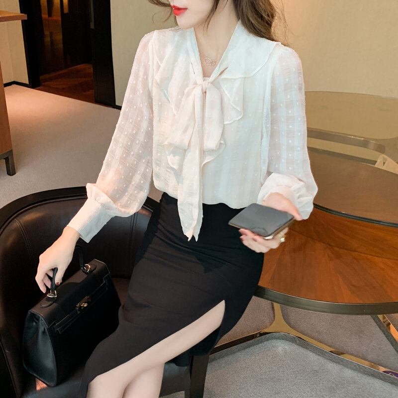 Blusa feminina chiffon com mangas compridas, camisa feminina estilo palácio camisa de chiffon com babados laço blusa feminina profissional 2021