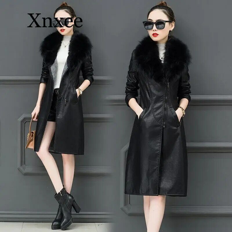 Jaqueta de couro feminino para o inverno marrom mais veludo quente magro grande gola de pele casaco de couro longo feminino outerwear 4xl