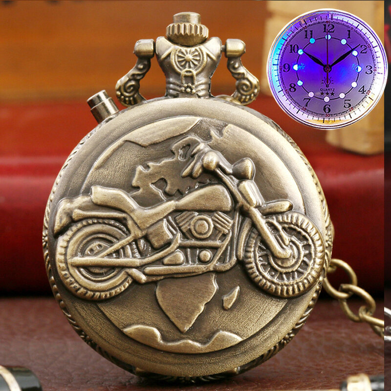 Кварцевые карманные часы в стиле ретро с рисунком мотоцикла и автомобиля, светящиеся светодиодные фонарики, мотоциклетный дизайн, подвеска на цепочке, подарки для мужчин
