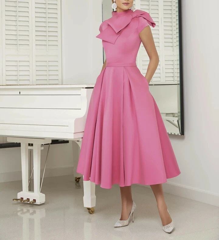 Vestido de fiesta para madre de novia, traje de talla grande, color rosa caramelo, lazo