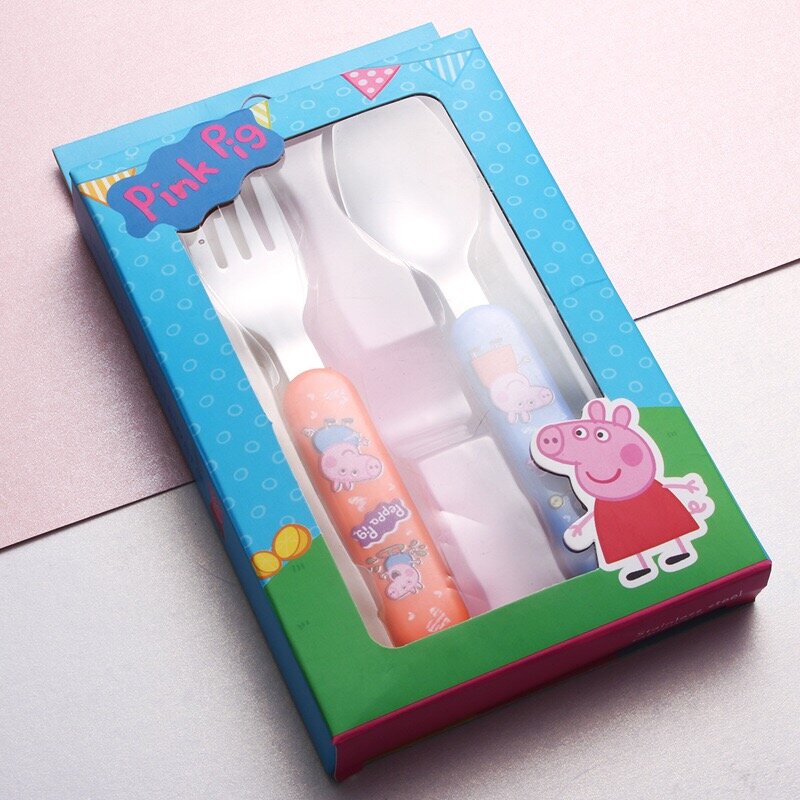Nouvelle marque authentique Peppa Pig quotidien à manger cuillère fourchette enfants vaisselle mignon dessin animé modèle poignée cuillère ensemble enfants cadeaux de noël