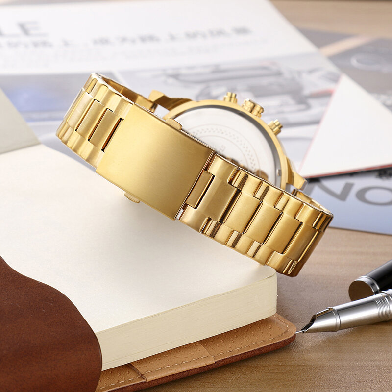 Montre-bracelet à Quartz analogique pour hommes, grand boîtier Cool, en acier inoxydable doré, double fois militaire, xfcs