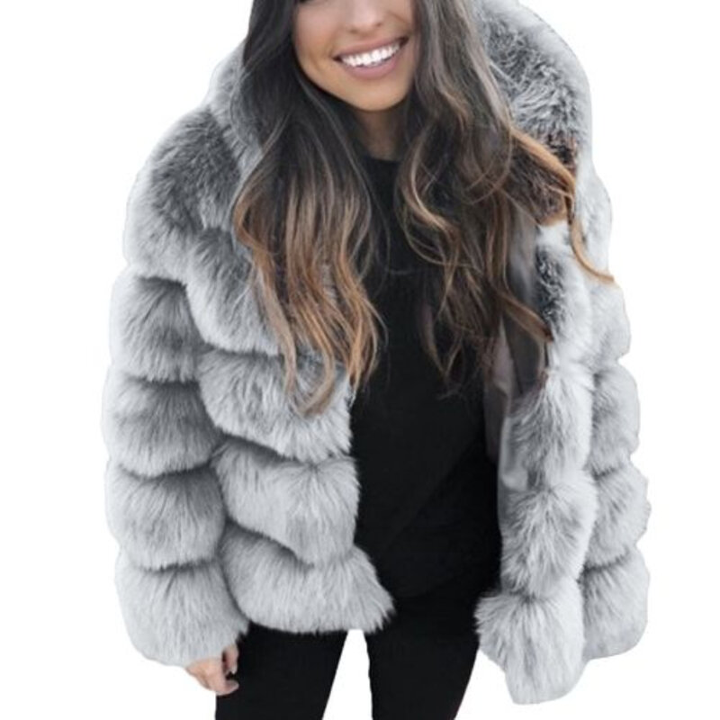 Mantel Berkerudung Berbulu Hangat Tebal Wanita Jaket Bulu Imitasi Lengan Panjang Pakaian Luar Wanita Warna Polos Pendek dengan Mantel Musim Dingin Lembut