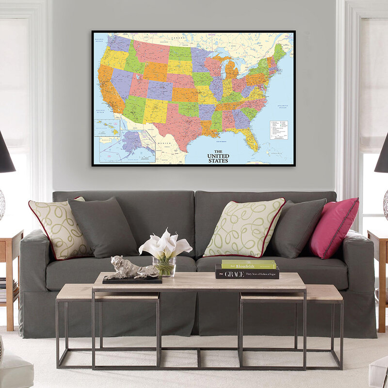 Mapa política dos eua, 80x60cm, pintura detalhada em tela, arte para parede, pôster, material escolar, decoração para sala de estar, sala de aula, casa